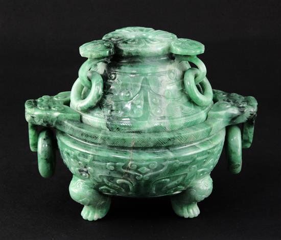 A good Chinese archaistic green jadeite censer and cover, Ding, 19th / 20th century, weight 1.6kg, width 16.7cm, height 13cm